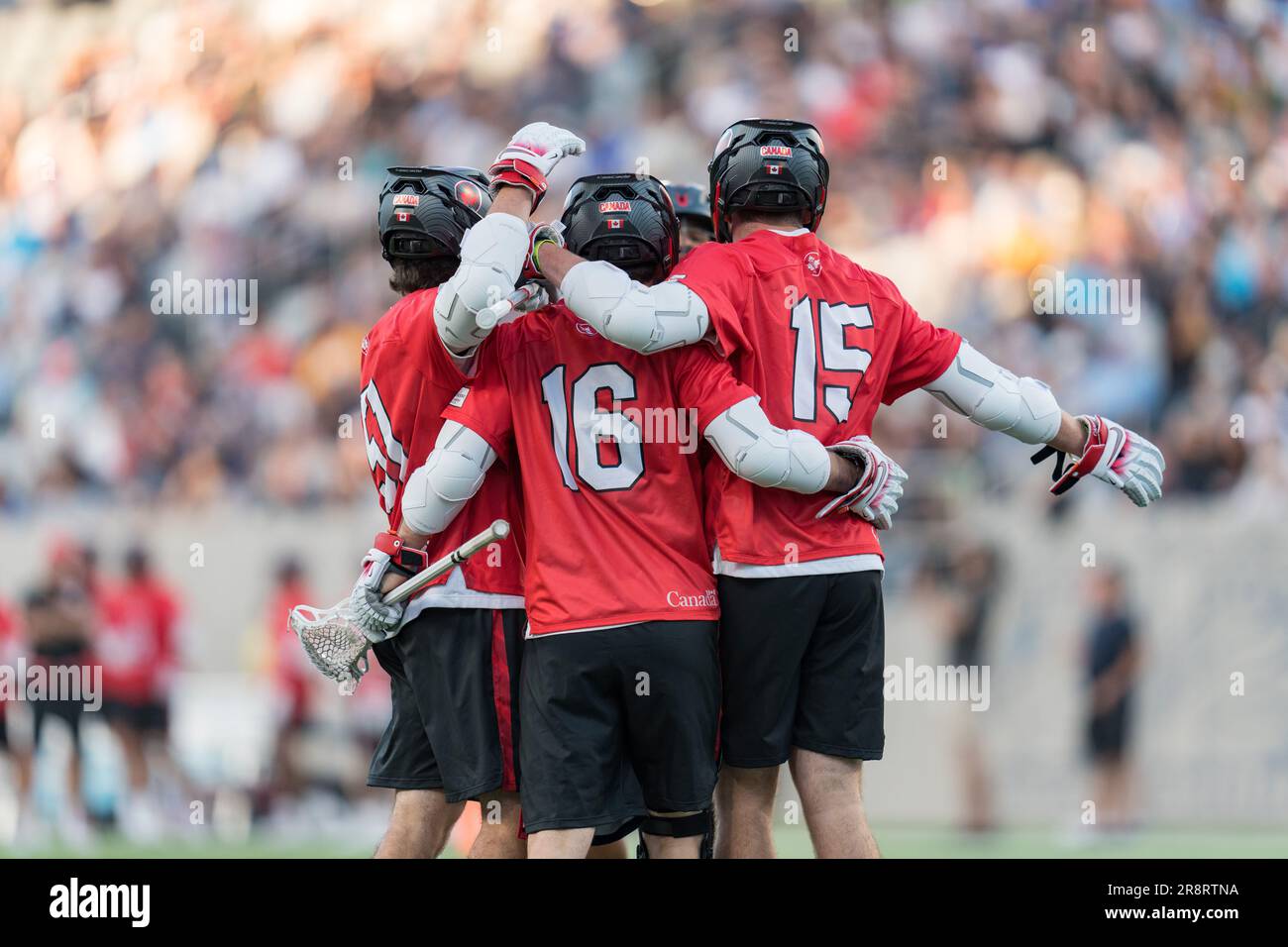 San Diego, USA. 21st June, 2023. Team Canada celebrates after Ryan Lee (16) scored the opening goal at the World Lacrosse Men's Championship opening game USA vs Canada at Snapdragon Stadium. Credit: Ben Nichols/Alamy Live News Stock Photo