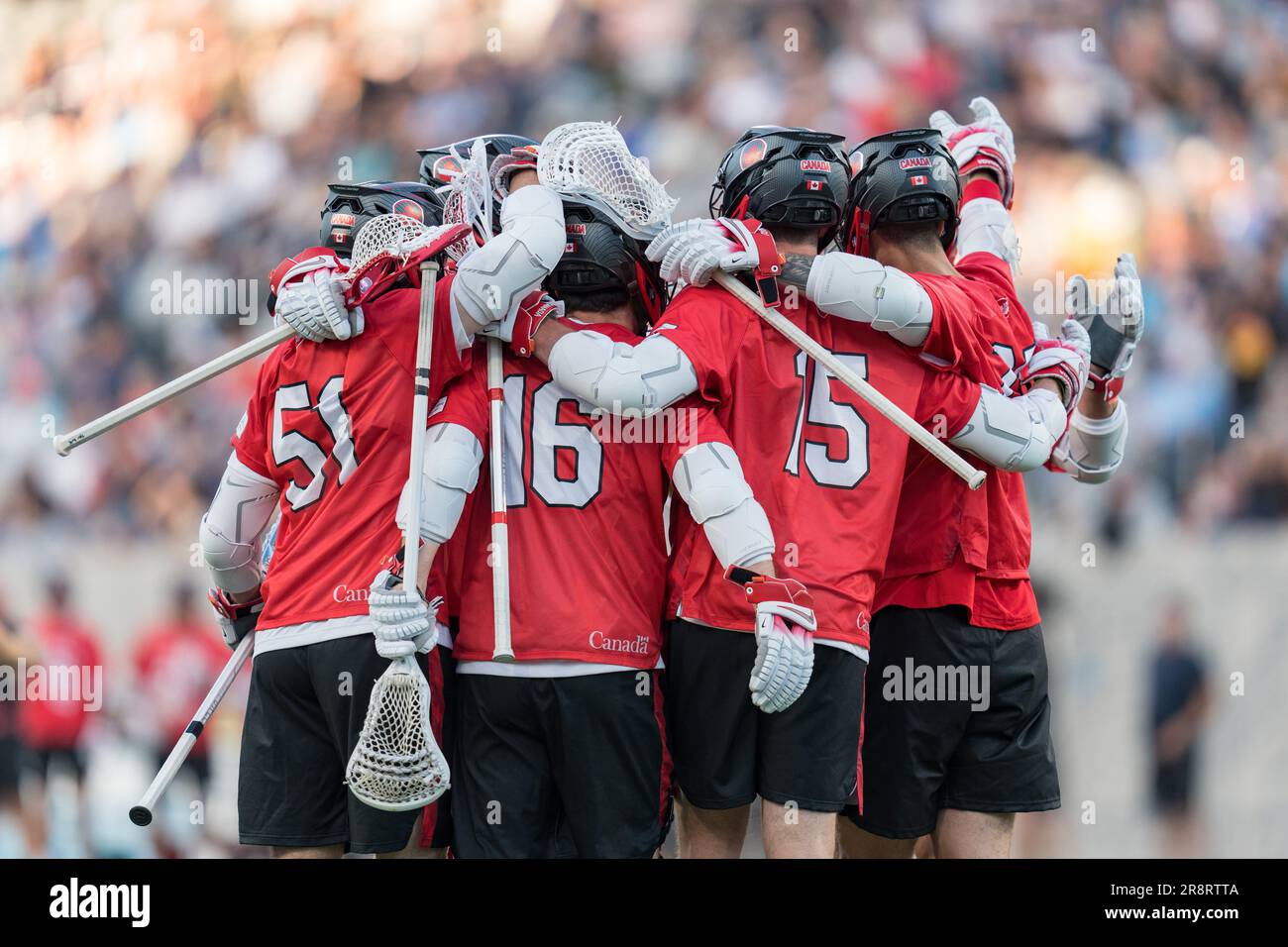 San Diego, USA. 21st June, 2023. Team Canada celebrates after Ryan Lee (16) scored the opening goal at the World Lacrosse Men's Championship opening game USA vs Canada at Snapdragon Stadium. Credit: Ben Nichols/Alamy Live News Stock Photo