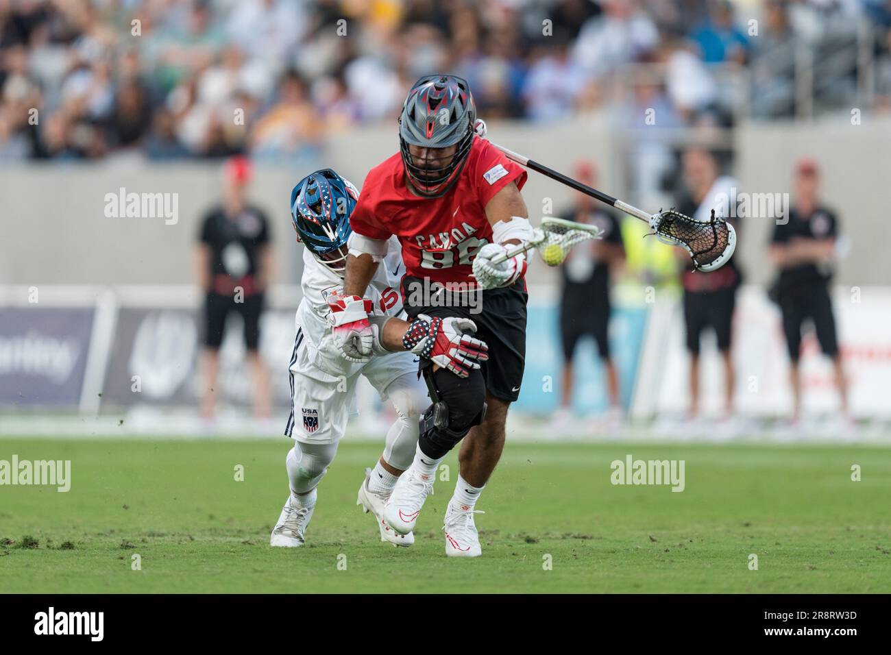 San Diego, USA. 21st June, 2023. Justin Inacio (88) controls the ball after a faceoff at the World Lacrosse Men's Championship opening game USA vs Canada at Snapdragon Stadium. Credit: Ben Nichols/Alamy Live News Stock Photo