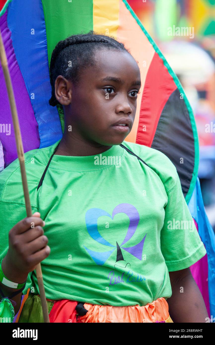 London, UK. 23rd June, 2023. A procession through Brixton, along Railton Road to Windrush Square, marked the 75th anniversary of the Empire Windrush docking at Tilbury, bringing the first workers from Jamaica who had responded to an appeal for help from the British government. Credit: Anna Watson/Alamy Live News Stock Photo