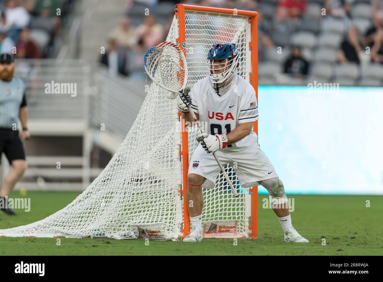 San Diego, USA. 21st June, 2023. Jack Kelly (91) in net for USA at the World Lacrosse Men's Championship opening game USA vs Canada at Snapdragon Stadium. Credit: Ben Nichols/Alamy Live News Stock Photo
