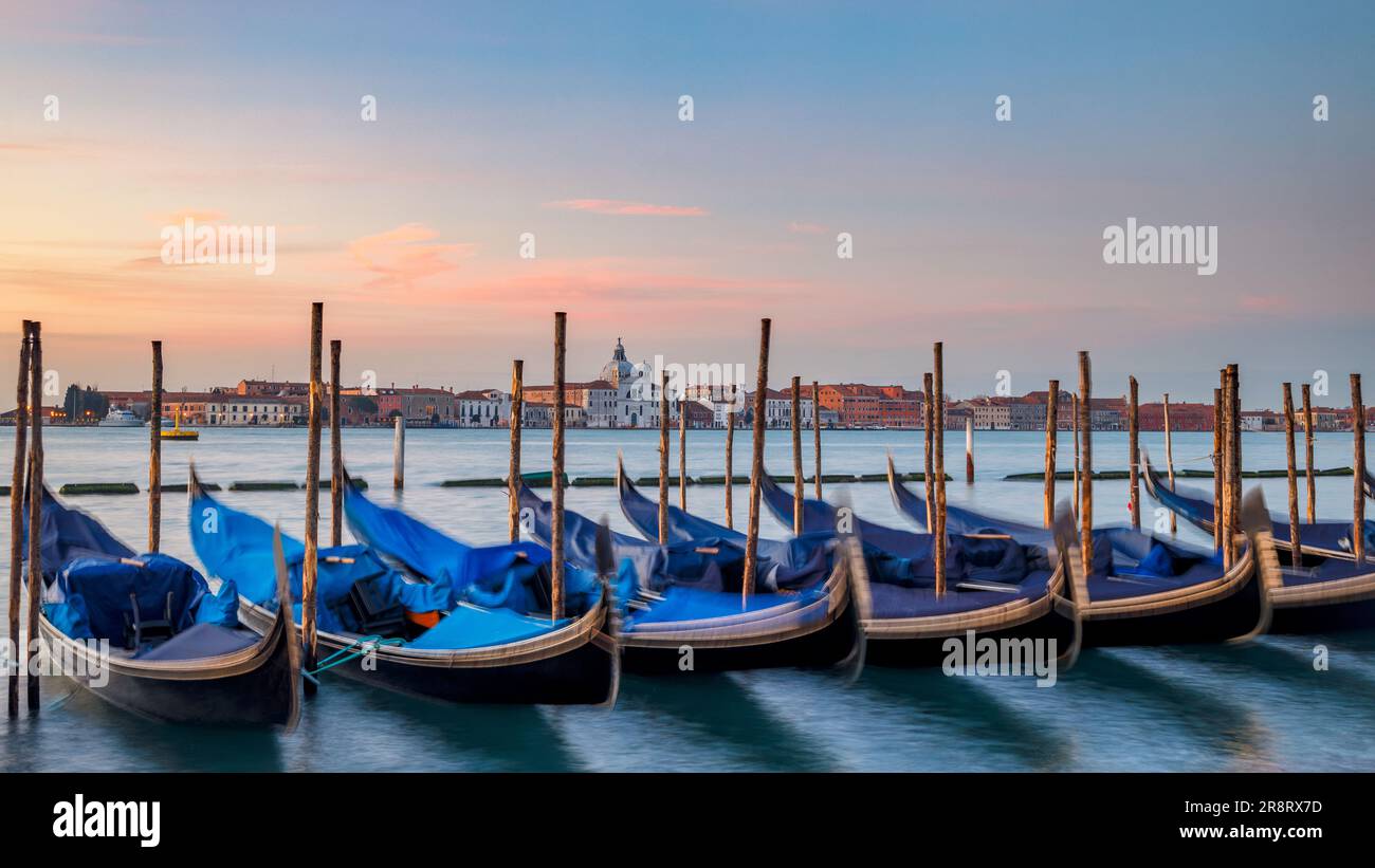 Gondolas of Venice at sunrise, Italy, Europe Stock Photo - Alamy