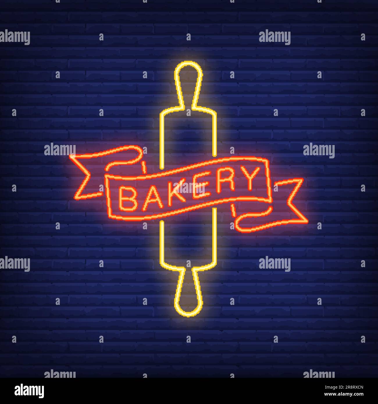 Bakery neon sign. Red ribbon and yellow rolling pin on brick wall ...