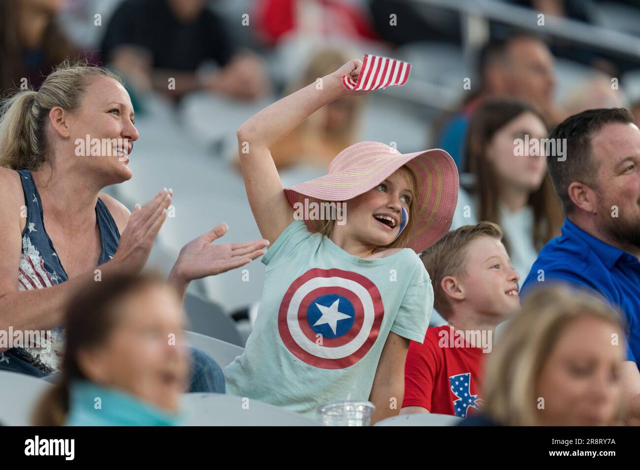 San Diego, USA. 21st June, 2023. Fans cheering on USA at the World Lacrosse Men's Championship opening game USA vs Canada at Snapdragon Stadium. Credit: Ben Nichols/Alamy Live News Stock Photo