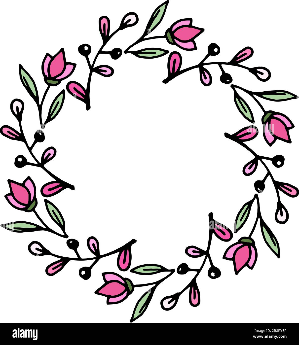 Cute hand drawn flower wreath. Vector floral frame in doodle style ...