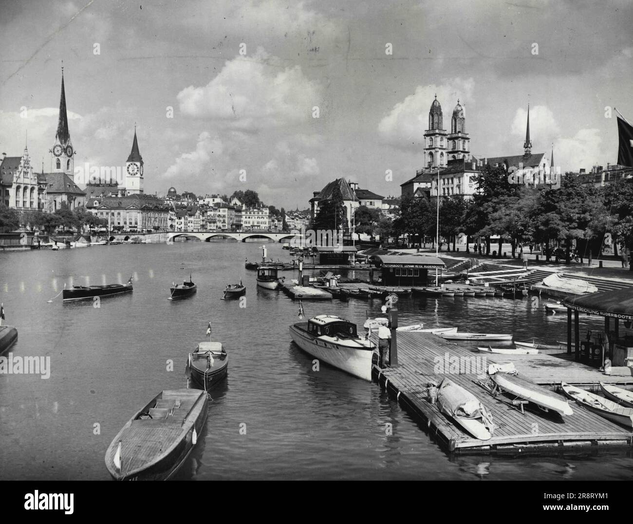 Zurich, view of the Quarbricke against Fraumunster, St. Peter, water church and Grossmunster. August 21, 1943. Stock Photo