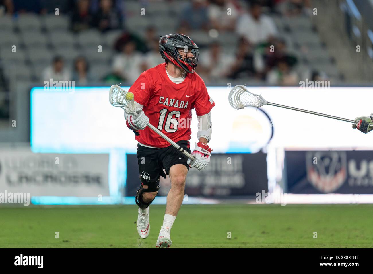 San Diego, USA. 21st June, 2023. Ryan Lee (16) controls the ball at the World Lacrosse Men's Championship opening game USA vs Canada at Snapdragon Stadium. Credit: Ben Nichols/Alamy Live News Stock Photo