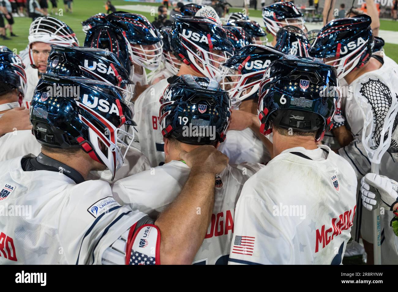San Diego, USA. 21st June, 2023. Team USA huddles after winning the World Lacrosse Men's Championship opening game vs Canada at Snapdragon Stadium. Credit: Ben Nichols/Alamy Live News Stock Photo