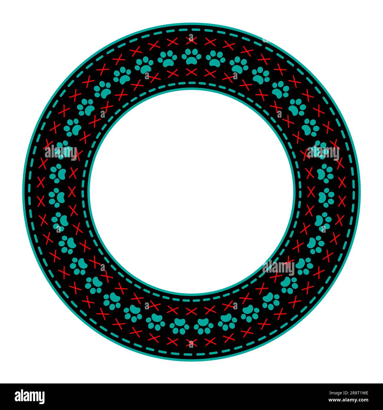 Black round frame with blue animal paws and empty space for text. Stock Vector