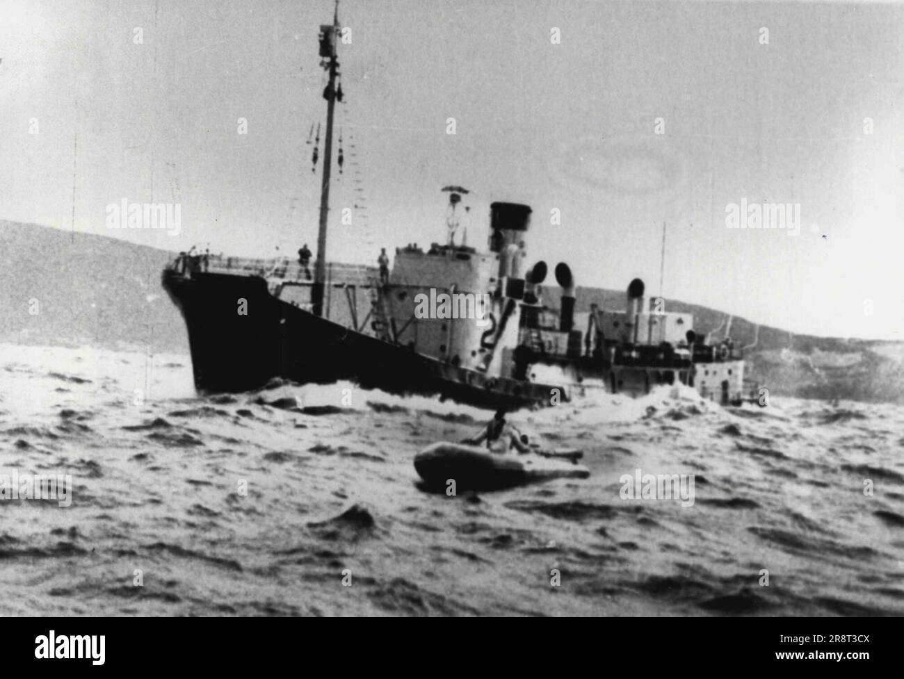 One of the Zodiac dinghies is dwarfed by a whale-chaser as it flanks the boat in the open sea off Albany. Protesters Take To Sea. Today: The anti-whaling campaign took to the sea today. Dogged by bad luck, two motorised rubber dinghies manned by protesters, did not get far. But they proved capable of keeping up with the whale-chasing vessels from Cheynes Beach under the most extreme conditions. One of the Zodiac dinghies dropped out of the chase with engine trouble before it reached the Heads of Frenchman's Bay and the second, also with engine trouble, a few kilometres out to sea. Septemb… Stock Photo