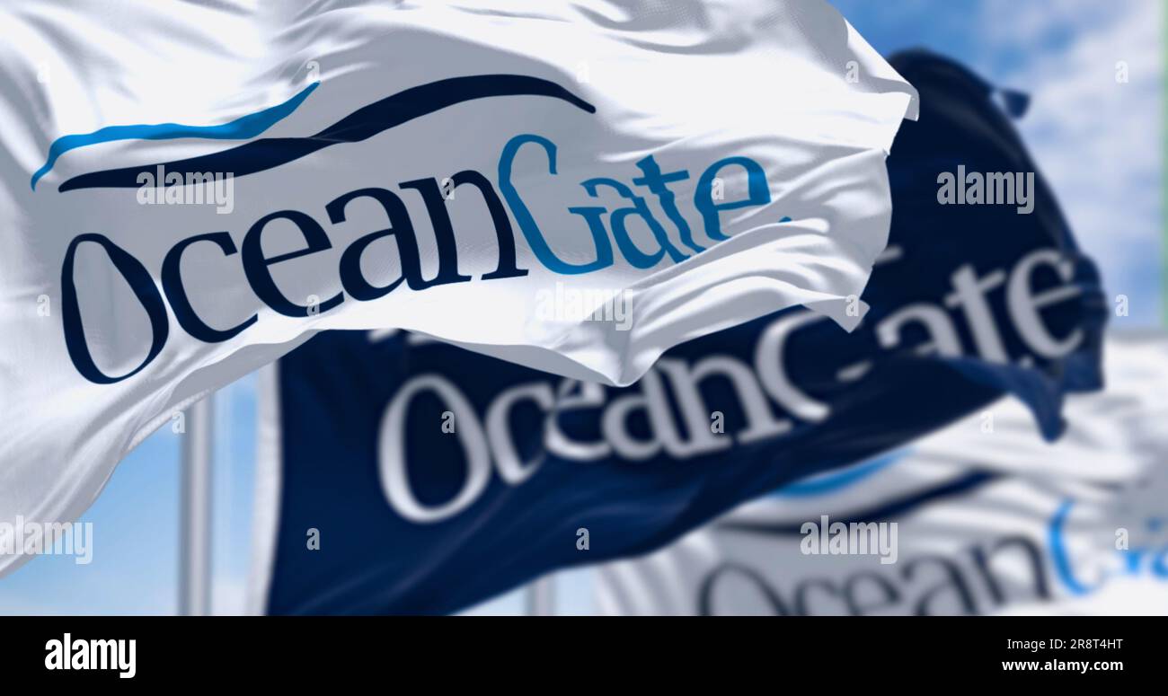 Everett, Washington, US, June 20 2023; Oceangate flags waving. OceanGate is a company specializing in deep-sea exploration and underwater technology. Stock Photo
