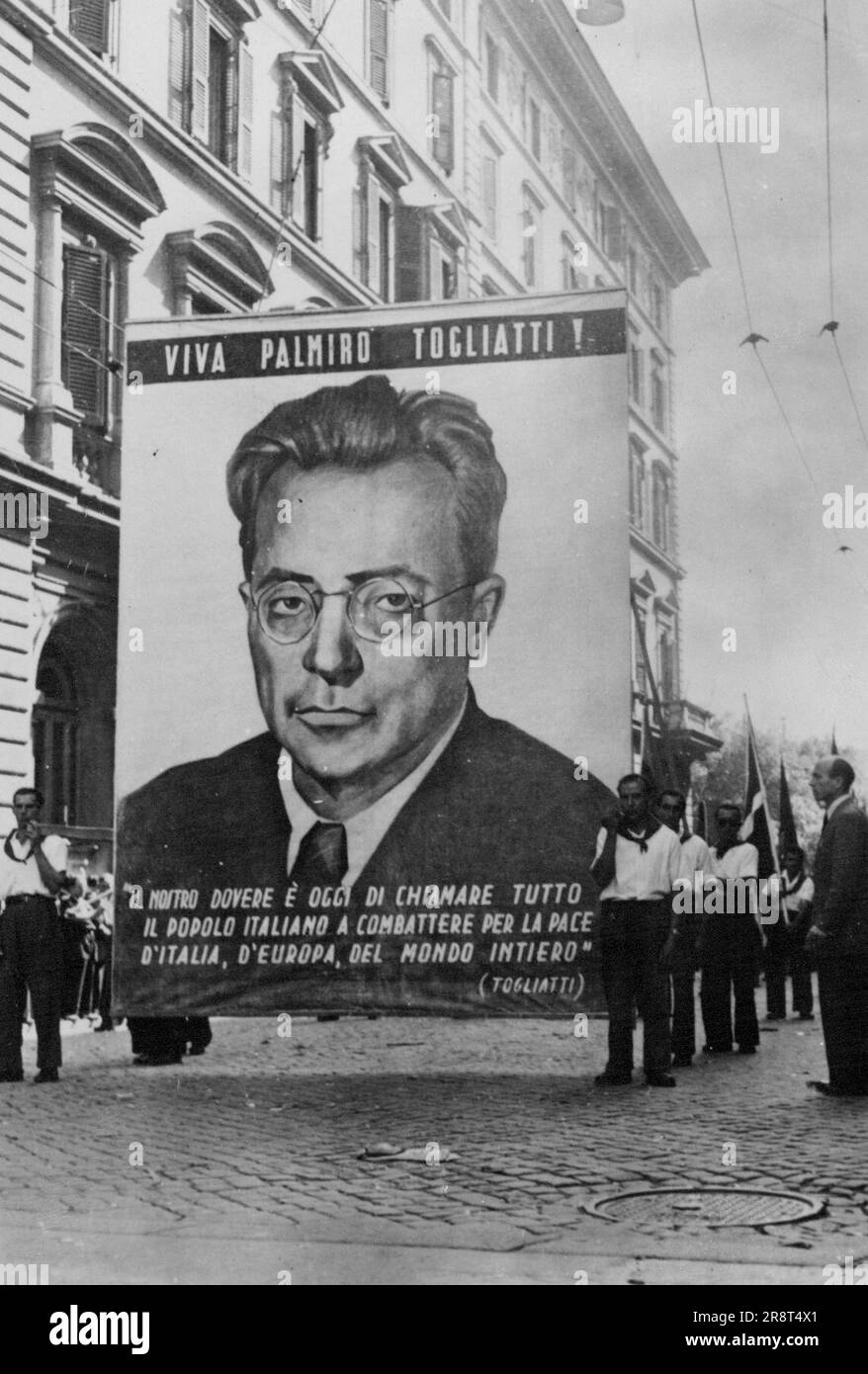 Communist Demonstration in Rome -- A huge portrait of Togliatti, the party leader, being carried in procession during the Communist demonstration in Rome, when Signor Togliatti made his first appearance since his attempted assassination. September 29, 1948. (Photo by Sport & General Press Agency Limited). Stock Photo
