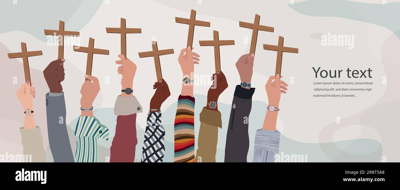 Multicultural christian people hands raised holding a wooden crucifix. Christian worship.Praying or singing. Concept of faith and hope in Jesus Christ Stock Vector