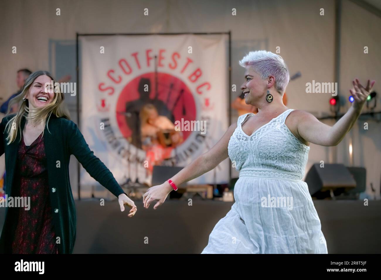 Women dancing to Sharon Shannon, ScotFestBC, British Columbia Highland Games, Coquitlam, BC, Canada Stock Photo