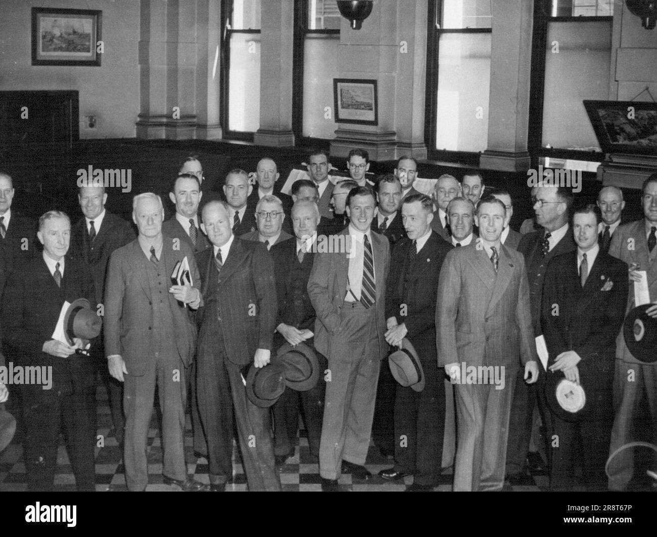 F. E. Tilley, Chm. Sydney Stock Exchange, R. V. Spier, H. Steele, A. W. Harvey, R. Rowe (Deg'hdt), C. Brownhill, S. Green (Cran), G Gunton (B'hill), W. J. Tilley, A. D. Mears, J. Mason Niel. December 1, 1947. Stock Photo