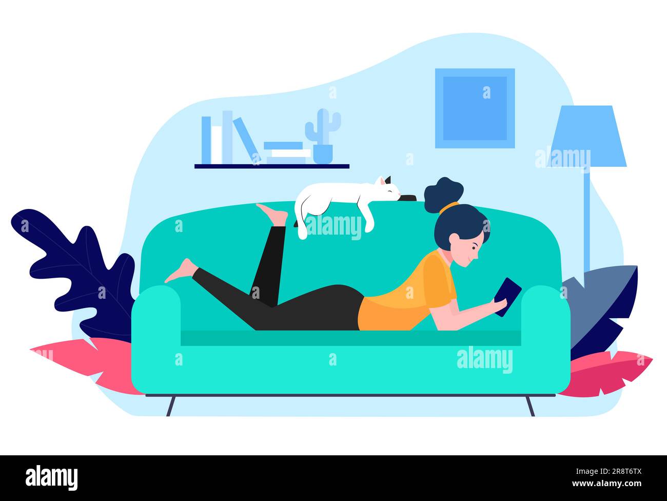Girl and cat relaxing on sofa flat vector illustration Stock Vector