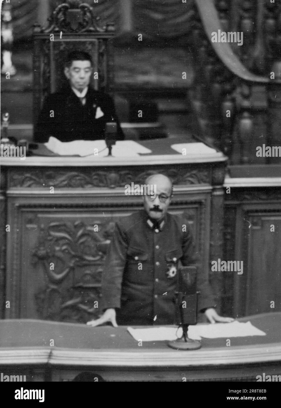 Premier Gives State Policies ... Premier General Hideki Tojo was taken as delivering the much-awaited address before the House of Peers, assembled in full session, this morning. November 17, 1941. (Photo by The Domei News Photos Service). Stock Photo