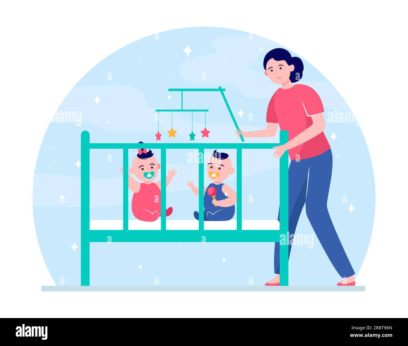 Mom calming down twin babies in crib Stock Vector Image & Art Alamy
