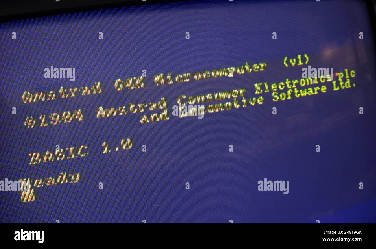 Amstrad Alan Sugar 64K Microcomputer v1 1984 Basic 1.0  blue start up screen Stock Photo