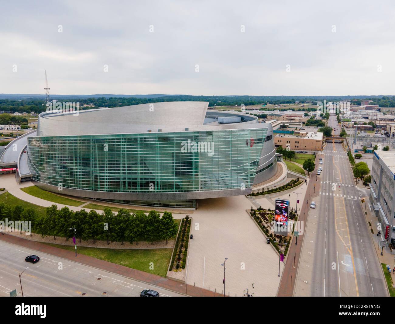 Aerial photograph of the BOK Center in downtown Tulsa on an overcast
