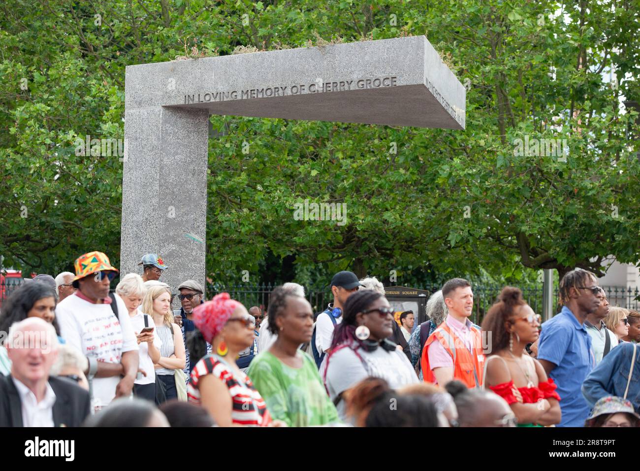 London, UK. 23rd June, 2023. A procession through Brixton, then speeches and performances in Windrush Square, marked the 75th anniversary of the Empire Windrush docking at Tilbury. The memorial to Cherry Groce serves as a reminder of the unfair treatment the Black community have often received in this country. Credit: Anna Watson/Alamy Live News Stock Photo