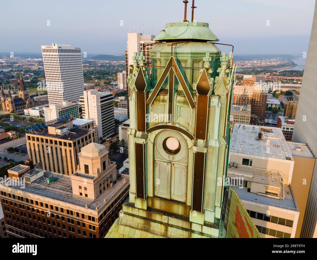 Aerial photograph of Philtower Building in downtown Tulsa on a  June morning. Stock Photo