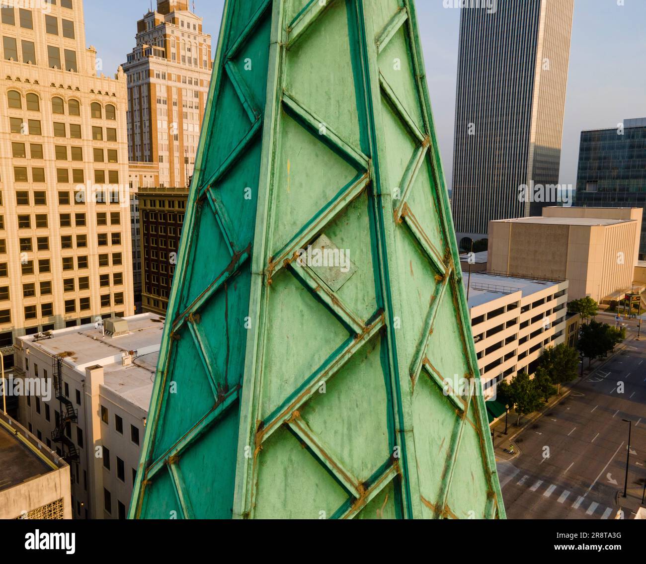 Aerial photograph of steeple of First Baptist Church in downtown Tulsa