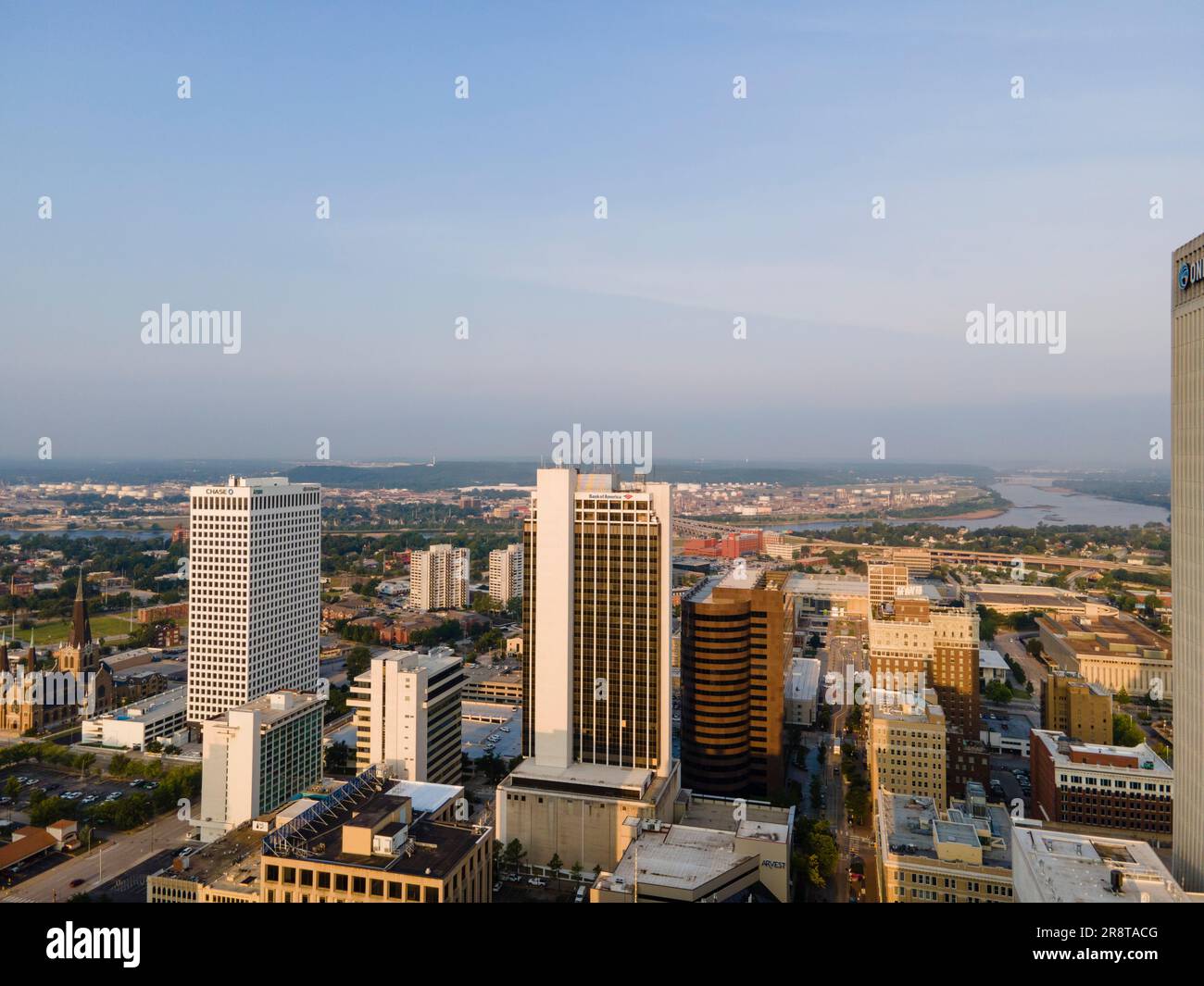 Aerial photograph of downtown Tulsa on a  June morning. Stock Photo