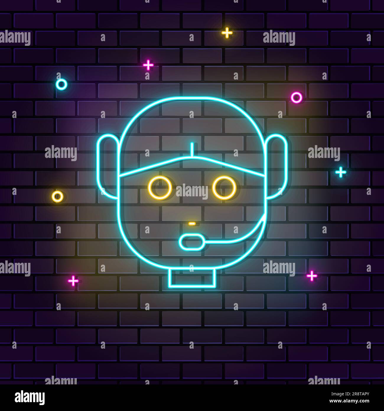 Customer, service, robot icon , neon on wall. Dark background brick