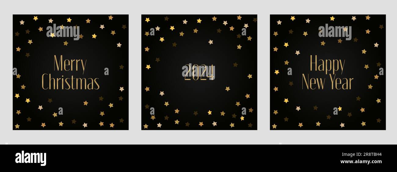 Set of 2024 Happy New Year and Merry Christmas greeting cards with cute ...