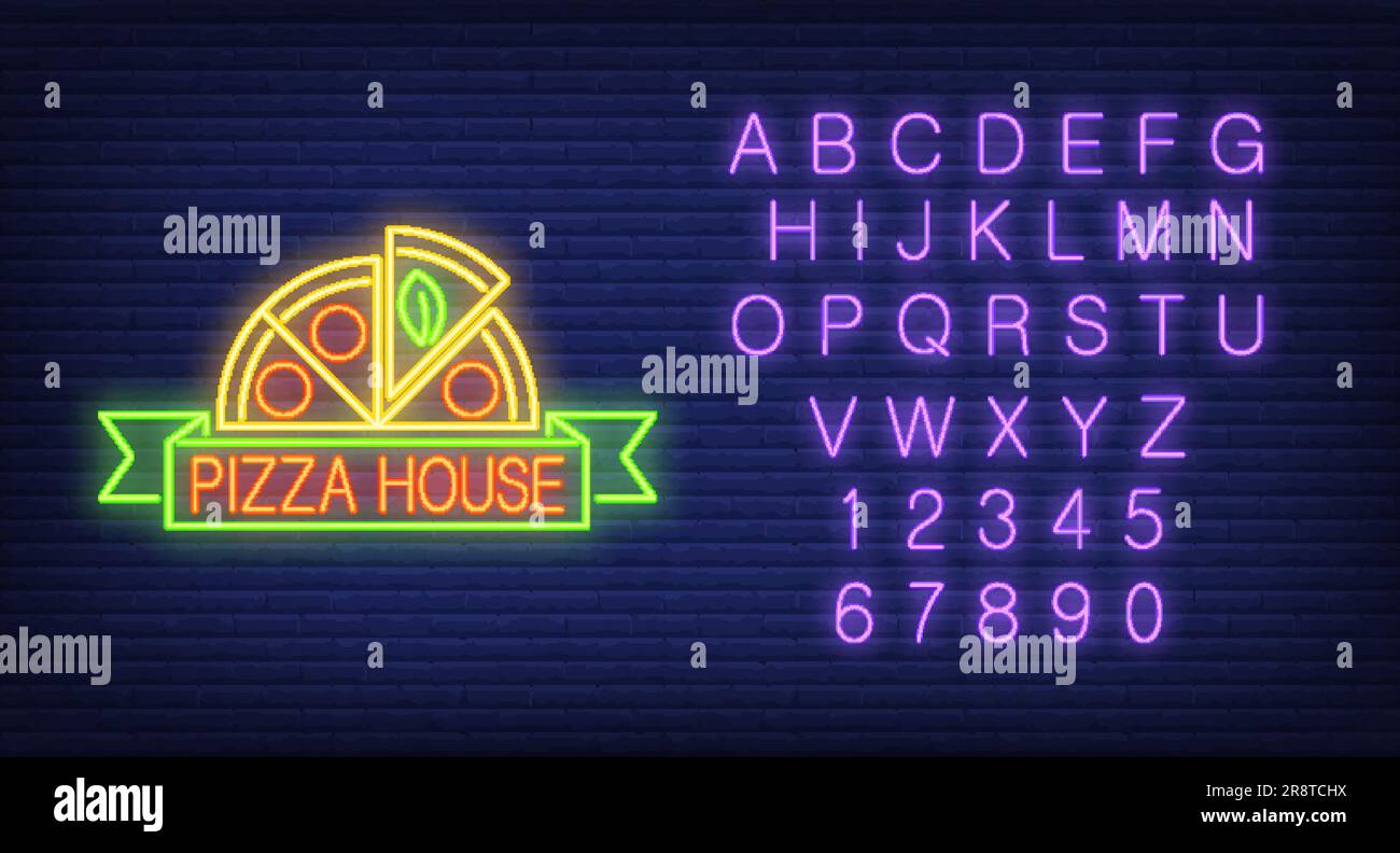 Pizza house lettering, pizza, English alphabet and numbers Stock Vector
