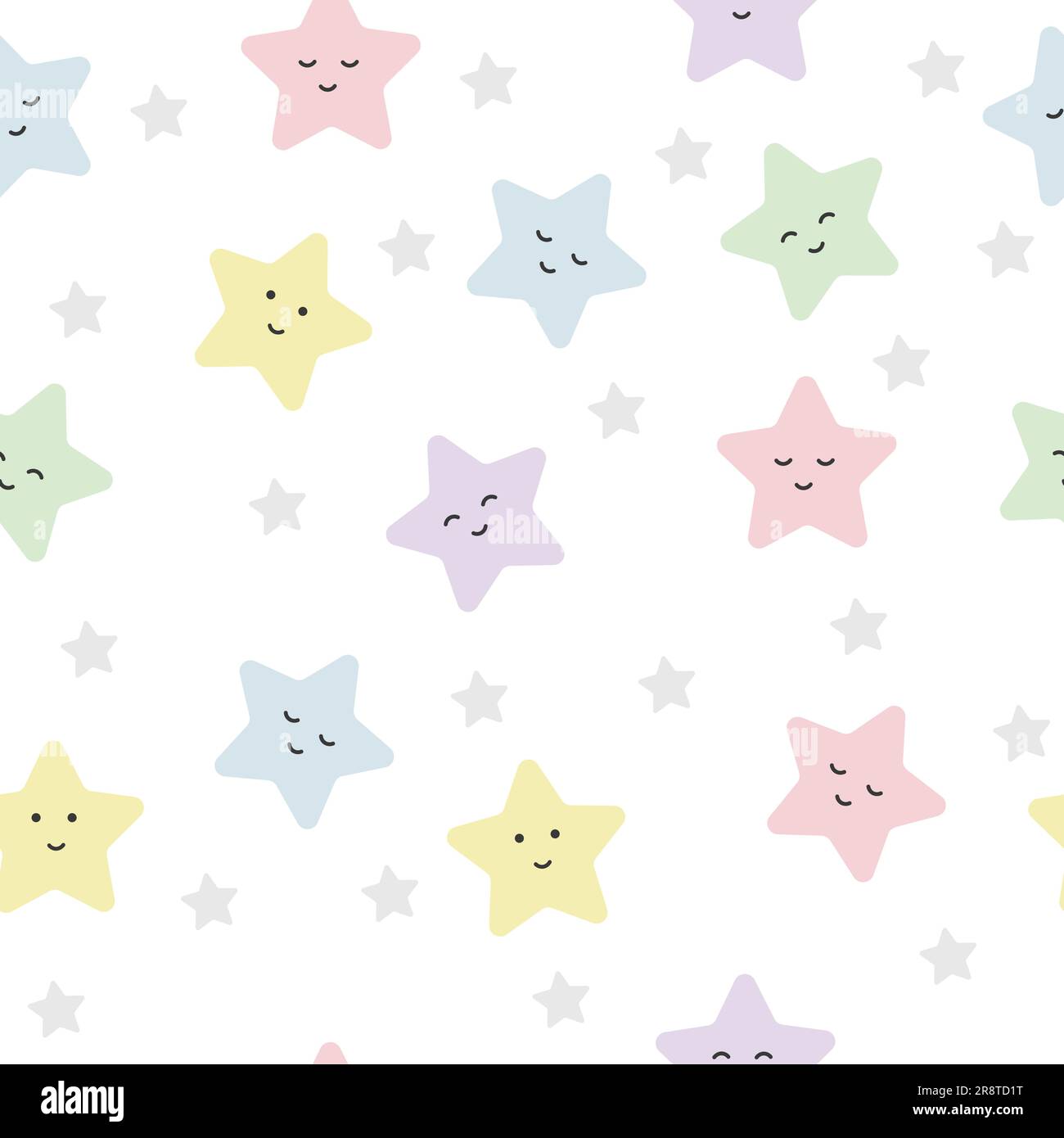 Cheerful colored cute stars with emotions, children's seamless pattern in soft pastel colors. Vector Stock Vector