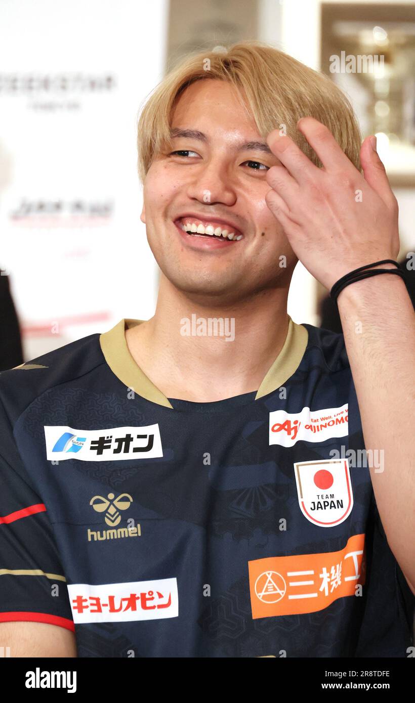 Tokyo, Japan. 22nd June, 2023. Japanese handball player Yuto Agarie smiles as he attends a promotional event of French handball team Paris Saint-German's Japan tour in Tokyo on Thursday, June 22, 2023. Paris Saint-German handball team will have games with Zeekstar Tokyo and Japanese national team. (photo by Yoshio Tsunoda/AFLO) Stock Photo