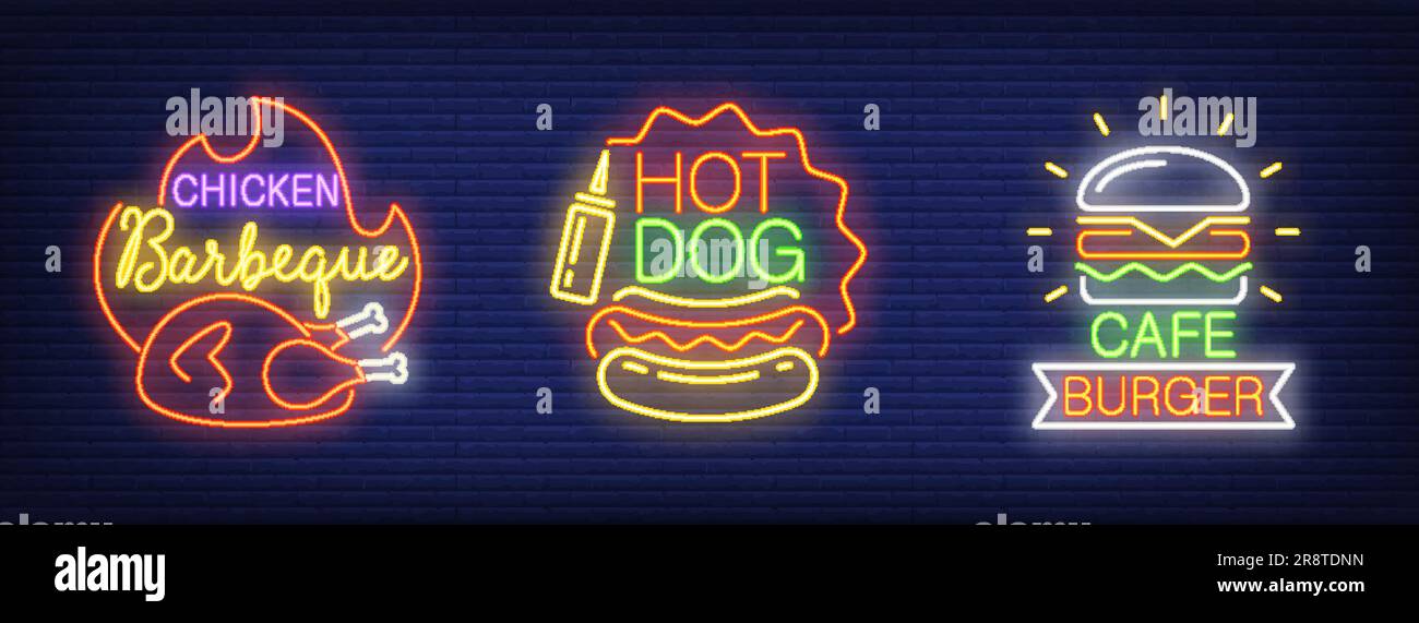 Chicken barbecue, hot dog, cafe burger neon sign set Stock Vector Image