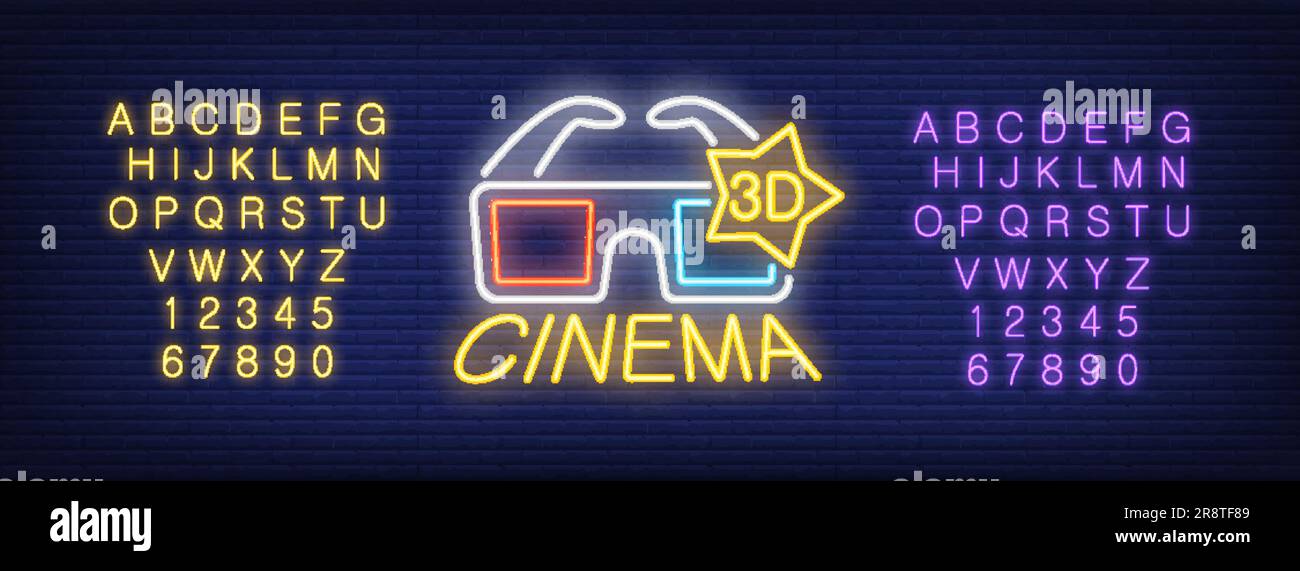 Neon alphabet and Cinema lettering with 3d glasses. Signboard template ...