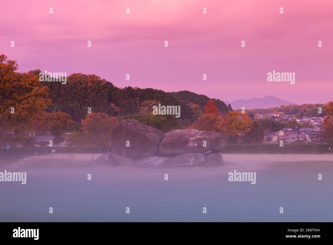 Ishibutai kofun wrapped in an ethereal morning mist Stock Photo