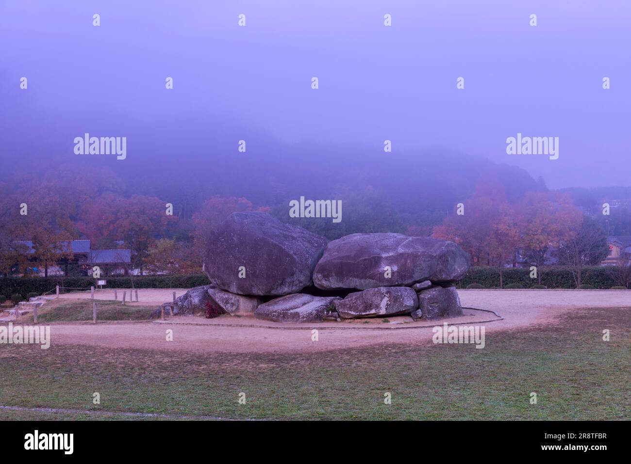 Ishibutai kofun wrapped in an ethereal morning mist Stock Photo