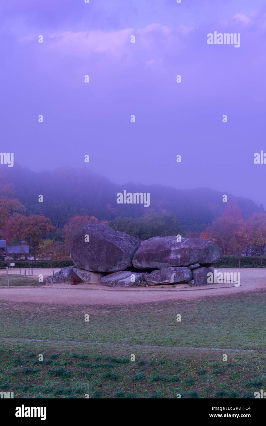 Ishibutai kofun wrapped in an ethereal morning mist Stock Photo