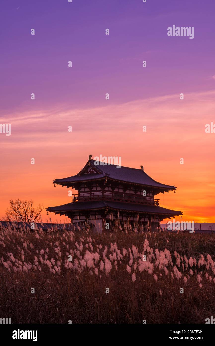 The Suzaku Gate of the Heijo Palace remains stained by the setting sun Stock Photo