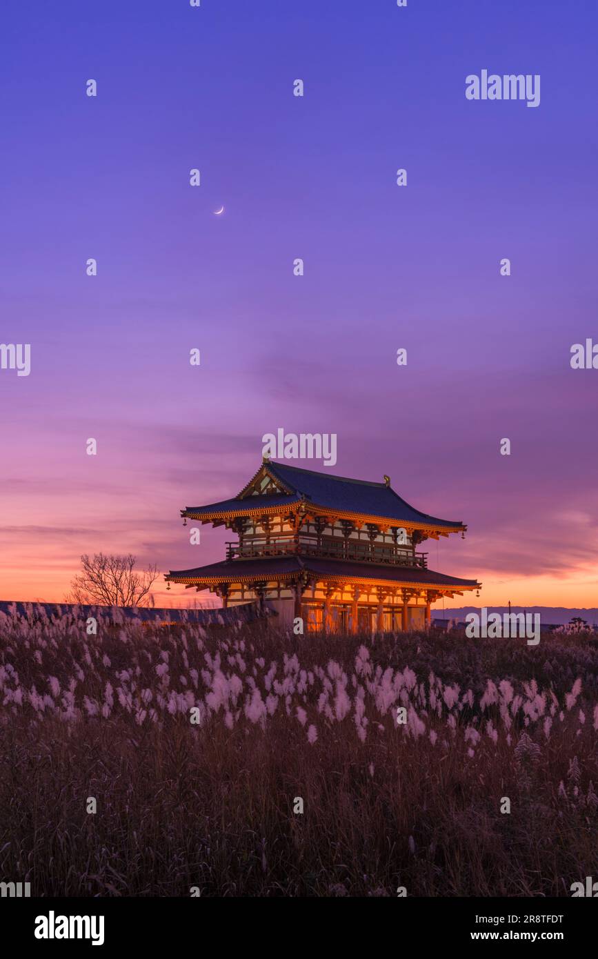 The Suzaku Gate of the Heijo Palace remains stained by the sunset and the moon Stock Photo