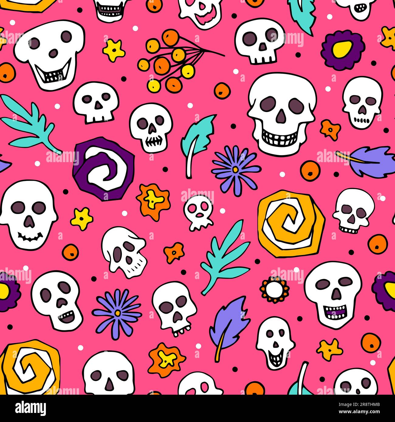 Doodle Halloween sculls, flowers seamless pattern. Skeleton, plant on