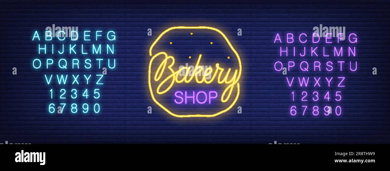 Neon alphabet and bread with Bakery shop over brick background ...