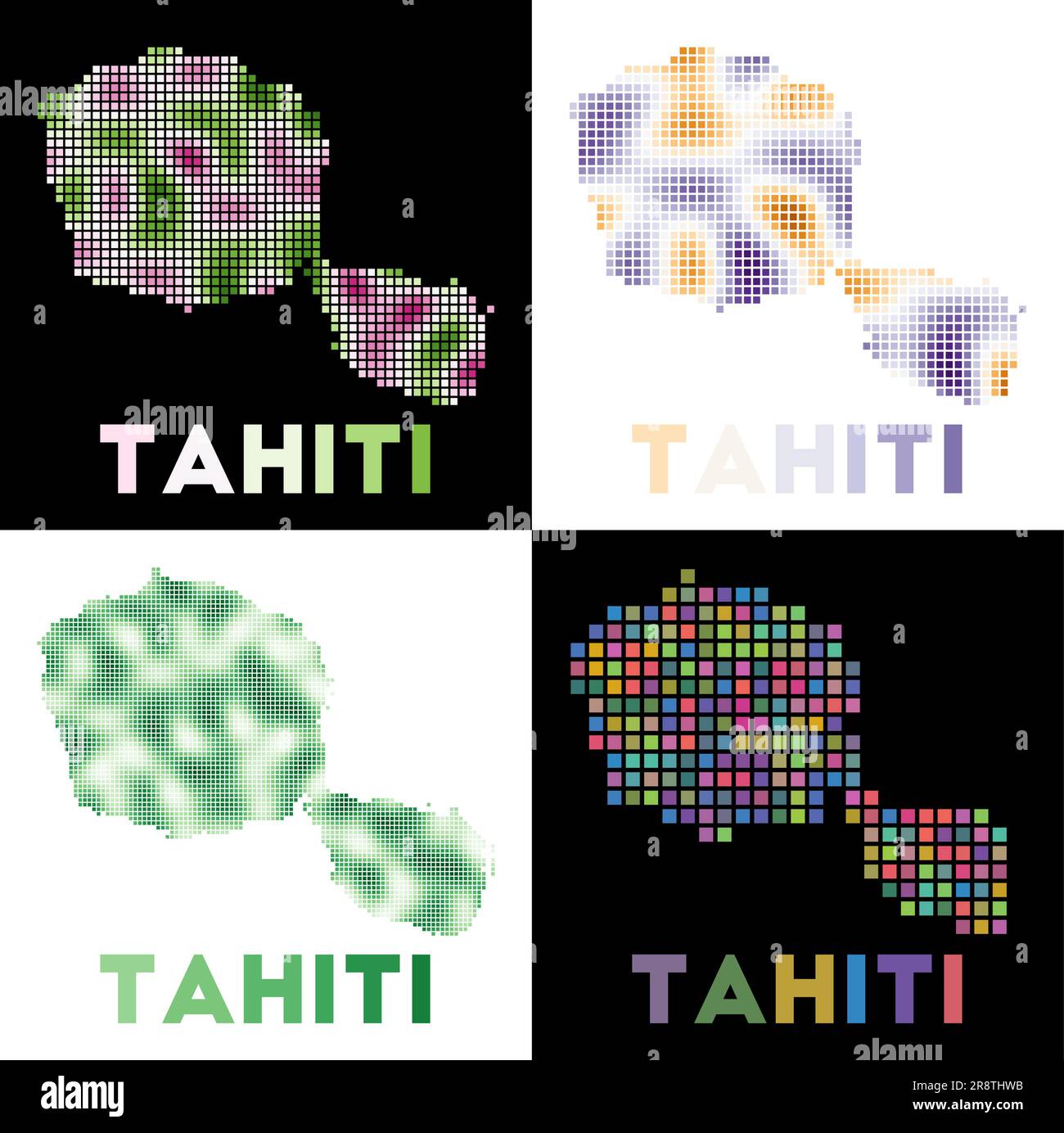 Tahiti map. Collection of map of Tahiti in dotted style. Borders of the island filled with rectangles for your design. Vector illustration. Stock Vector