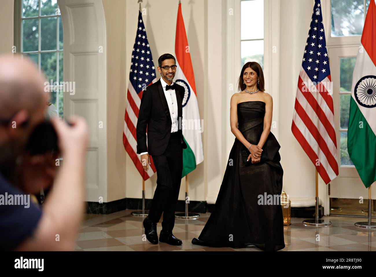 Washington, United States. 22nd June, 2023. Sundar Pichai, chief executive officer of Alphabet Inc., left, and Anjali Pichai arrive to attend a state dinner in honor of Indian Prime Minister Narendra Modi hosted by US President Joe Biden and First Lady Jill Biden at the White House in Washington, DC, US, on Thursday, June 22, 2023. Biden and Modi announced a series of defense and commercial deals designed to improve military and economic ties between their nations during a state visit at the White House today. Photographer: Ting Shen/Pool/Sipa USA Credit: Sipa USA/Alamy Live News Stock Photo