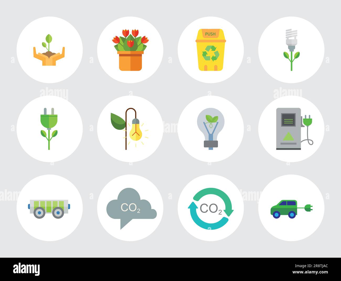 Eco Icon Set. Electrocart Flowers Electrocar Carbon Dioxide Cycle CO2
