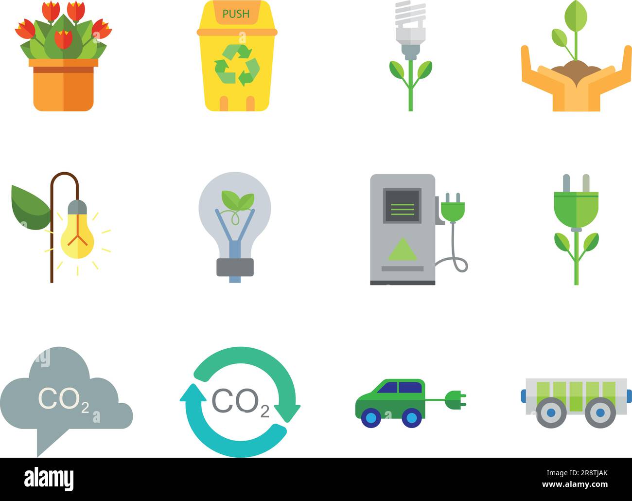 Eco Icon Set. Electrocart Flowers Electrocar Carbon Dioxide Cycle CO2