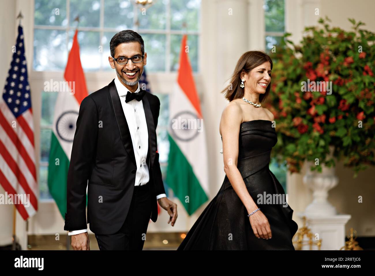 Washington, United States. 22nd June, 2023. Sundar Pichai, chief executive officer of Alphabet Inc., left, and Anjali Pichai arrive to attend a state dinner in honor of Indian Prime Minister Narendra Modi hosted by US President Joe Biden and First Lady Jill Biden at the White House in Washington, DC, US, on Thursday, June 22, 2023. Biden and Modi announced a series of defense and commercial deals designed to improve military and economic ties between their nations during a state visit at the White House today. Photographer: Ting Shen/Pool/Sipa USA Credit: Sipa USA/Alamy Live News Stock Photo