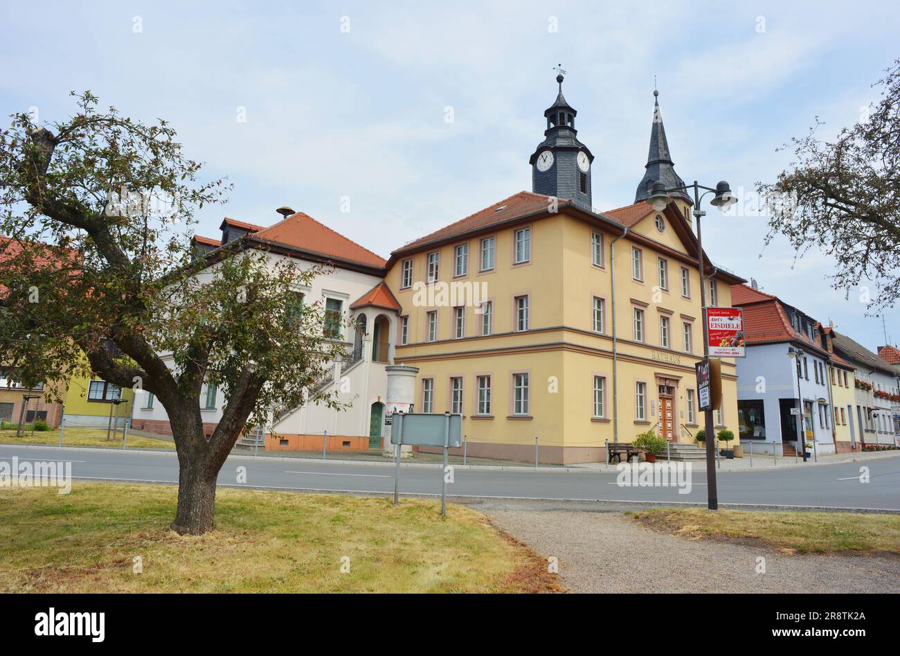 Buergel, Germany 06-19-2023 town center with town hall, church tower ...