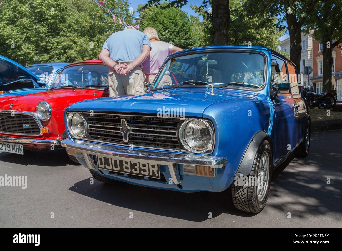 A blue 1970's Leyland Mini Clubman at a classic car show. Stock Photo