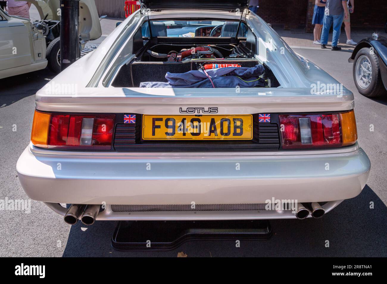 Rear view of a 1980's Lotus Esprit Turbo with the engine compartment opened up. Stock Photo